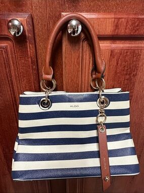 ALDO Navy and White Striped Tote with Brown Handles